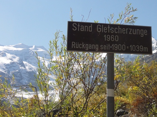 Morteratsch Glacier retreat, signpost marking year 1960
