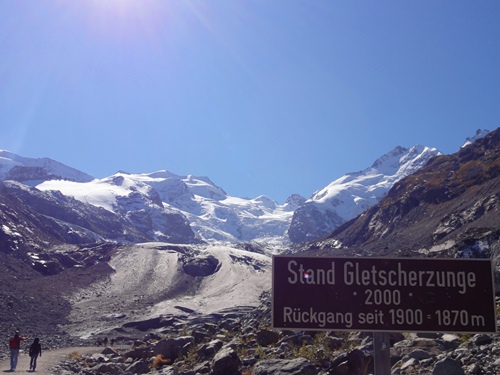 Morteratsch Glacier retreat, signpost marking year 2000